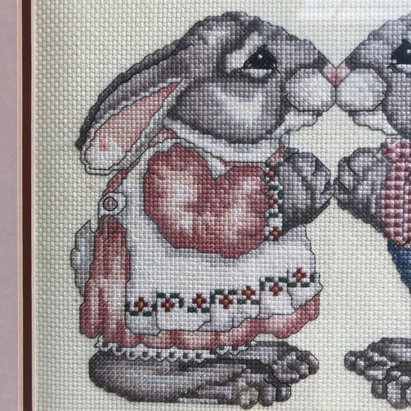 Handmade Complete Cross Stitch Bunnies Professionally Framed & Matted w/Glass - Picture 4 of 6